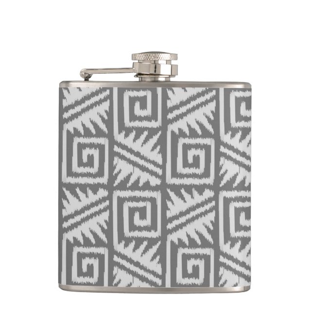 Ikat Aztec Pattern - Shades of Grey / Gray Hip Flask (Front)