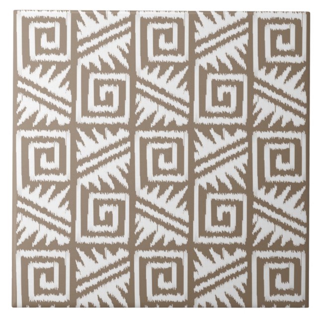 Ikat Aztec Pattern - Taupe Tan and Cream Ceramic Tile (Front)