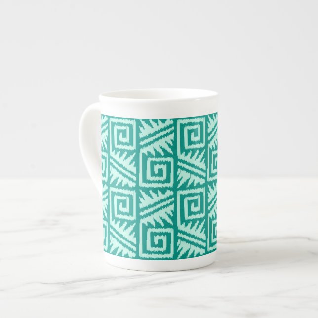 Ikat Aztec Pattern - Turquoise and Aqua Bone China Mug (Front Left)