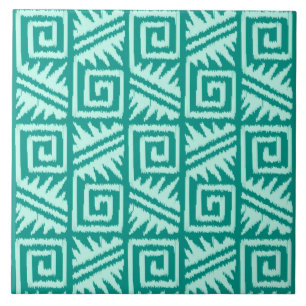 Ikat Aztec Pattern - Turquoise and Aqua Ceramic Tile