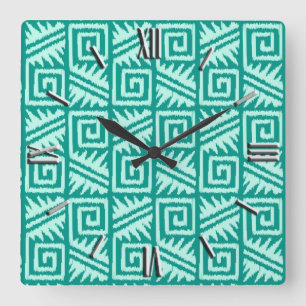 Ikat Aztec Pattern - Turquoise and Aqua Square Wall Clock