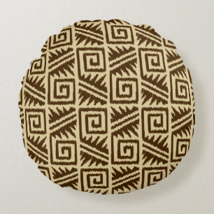Ikat Aztec Tribal - Dark Brown and Tan Round Pillow