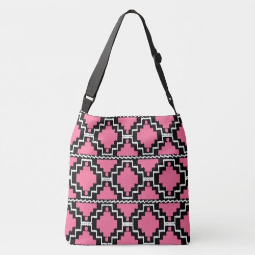 Ikat Aztec Tribal _ Fuchsia Pink Black and White Crossbody Bag