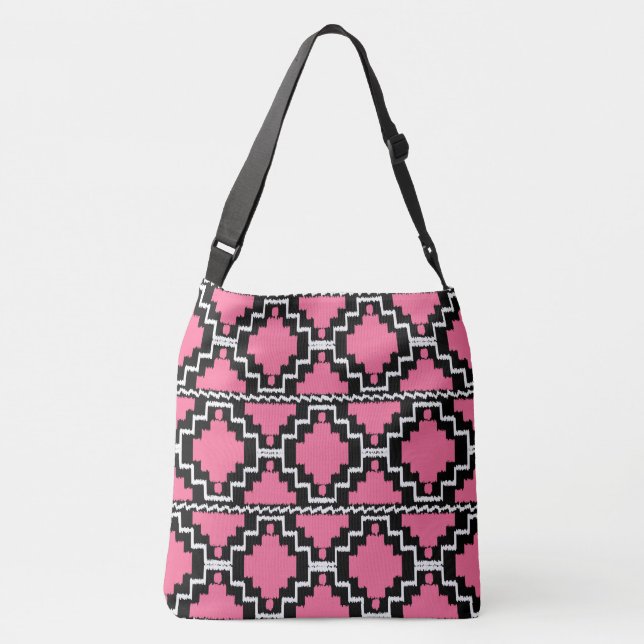 Ikat Aztec Tribal - Fuchsia Pink, Black and White Crossbody Bag (Back)