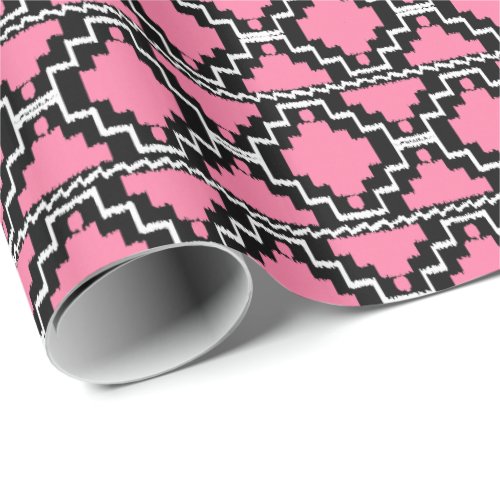 Ikat Aztec Tribal _ Fuchsia Pink Black and White Wrapping Paper