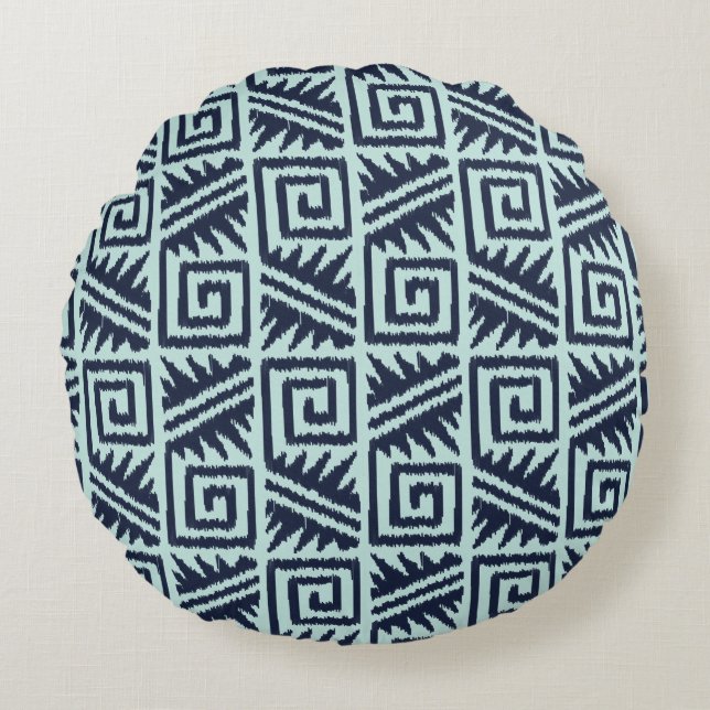 Ikat Aztec Tribal - Indigo and Light Blue Round Pillow (Front)