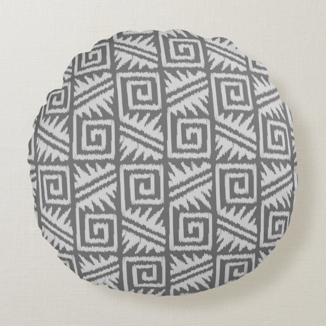 Ikat Aztec Tribal - Shades of Grey / Gray Round Pillow (Front)