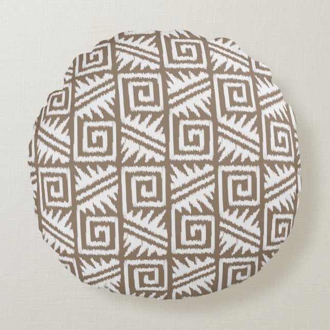 Ikat Aztec Tribal - Taupe Tan and Cream Round Pillow (Front)