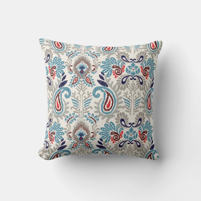 Ikat Boho Navy Blue Turquoise Paisley Design Throw Pillow (Front)