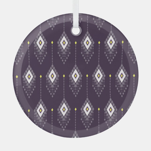 Ikat Chandelier Pattern: Vintage Textile Design Glass Ornament (Front)
