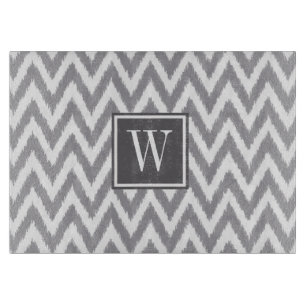 Ikat Chevron Grey Monogram Glass Cutting Board