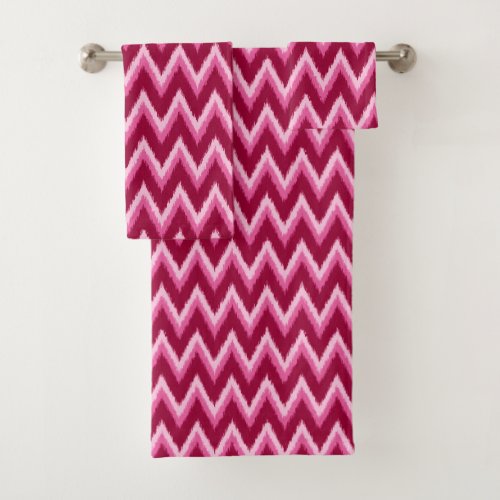 Ikat Chevron Stripes _ Burgundy Rose and Pink Bath Towel Set