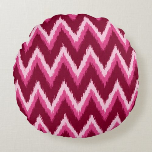 Ikat Chevron Stripes _ Burqundy Rose and Pink Round Pillow