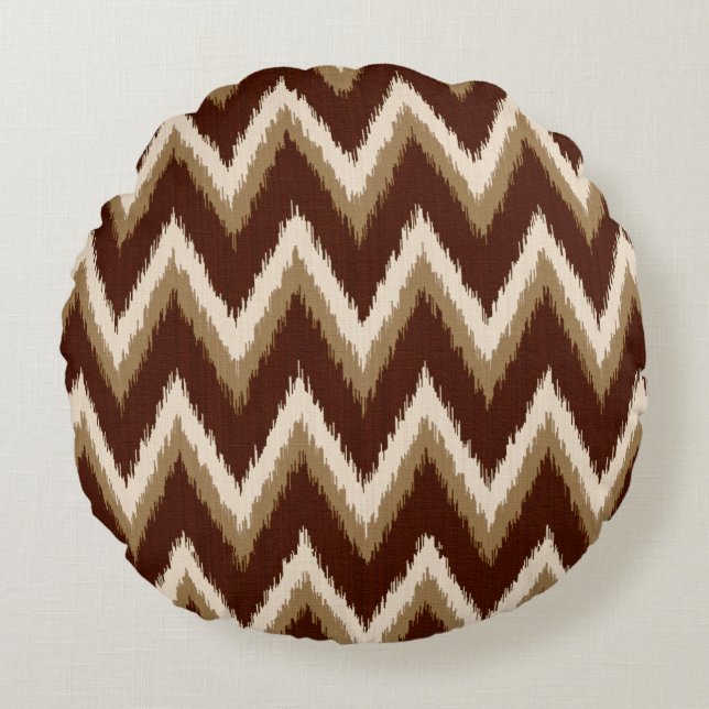 Ikat Chevron Stripes - Chocolate Brown & Beige Round Pillow (Front)