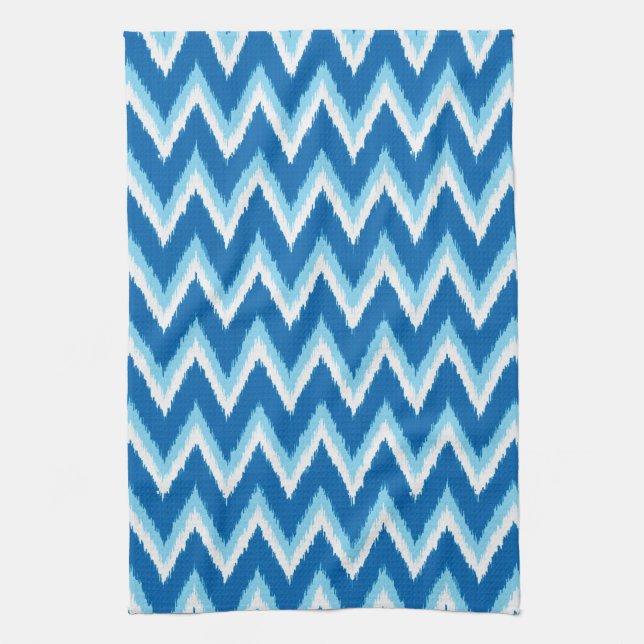 Ikat Chevron Stripes - Cobalt, Sky Blue and White Kitchen Towel (Vertical)