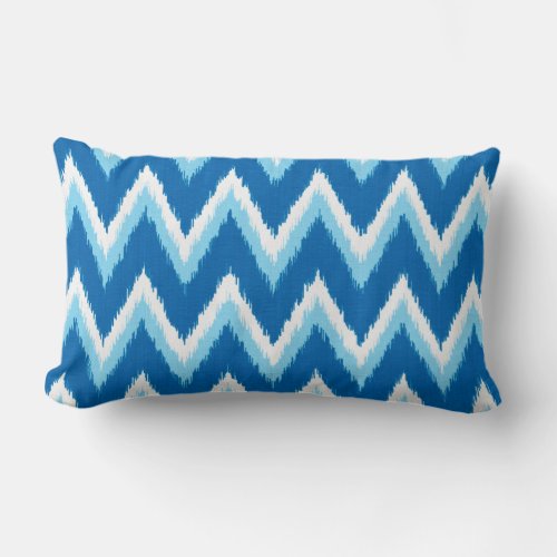 Ikat Chevron Stripes _ Cobalt Sky Blue and White Lumbar Pillow