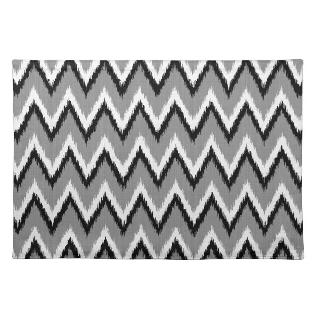 Ikat Chevron Stripes - Grey / Gray, Black & White Cloth Placemat (Front)