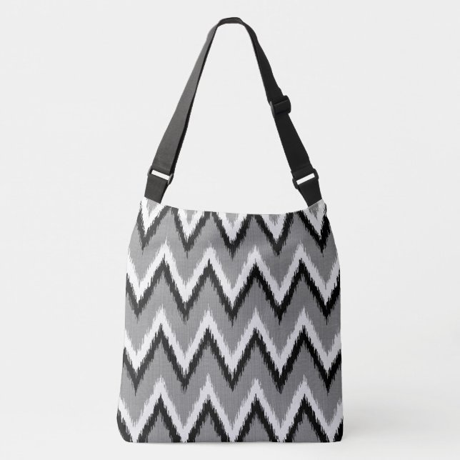 Ikat Chevron Stripes - Grey / Gray, Black & White Crossbody Bag (Front)