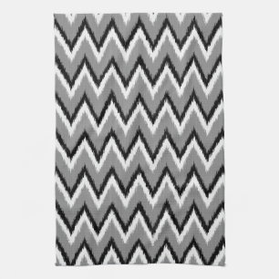 Ikat Chevron Stripes - Grey / Gray, Black & White Kitchen Towel
