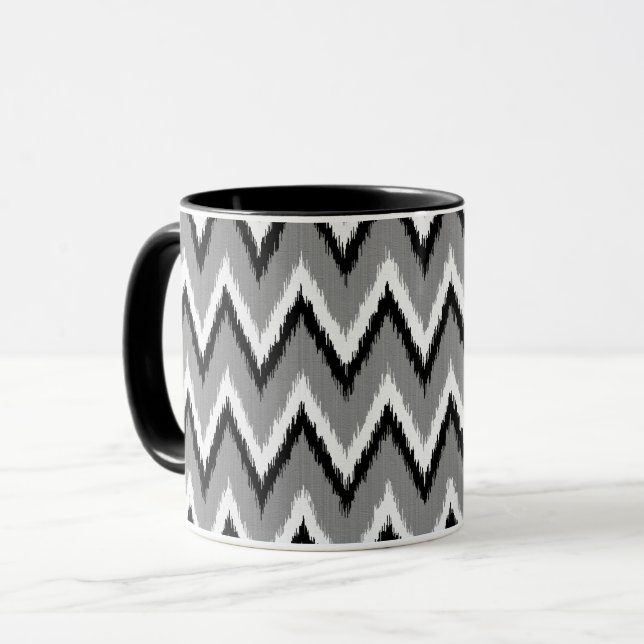 Ikat Chevron Stripes - Grey / Gray, Black & White Mug (Front Left)