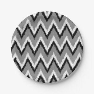 Ikat Chevron Stripes - Grey / Gray, Black & White Paper Plates