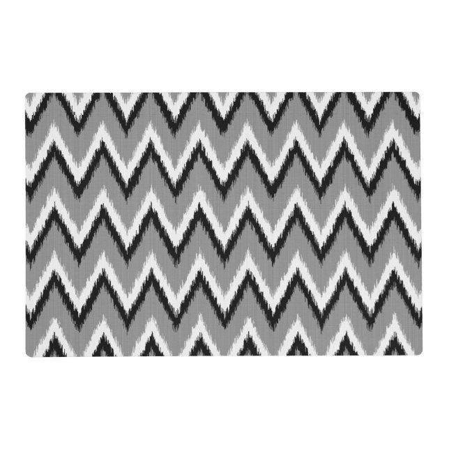Ikat Chevron Stripes - Grey / Gray, Black & White Placemat (Front)