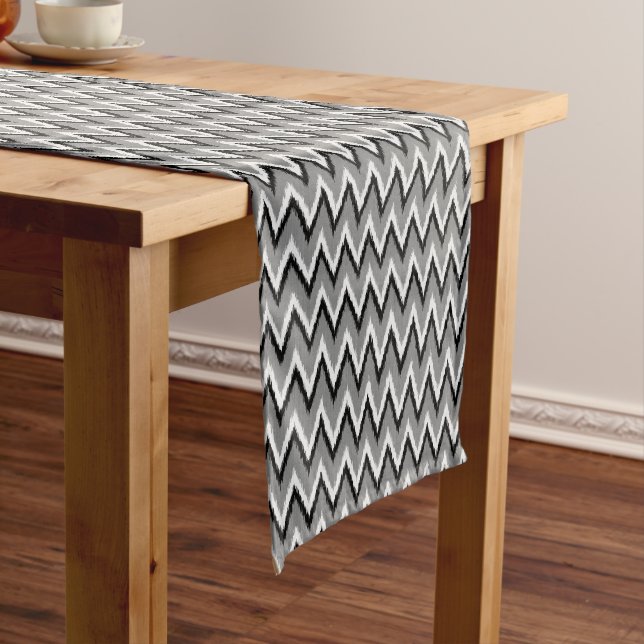 Ikat Chevron Stripes - Grey / Gray, Black & White Short Table Runner (In Situ)