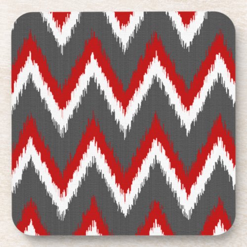 Ikat Chevron Stripes _ Red White and Grey  Gray Beverage Coaster