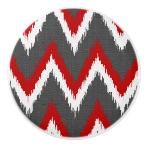 Ikat Chevron Stripes _ Red White and Grey  Gray Ceramic Knob