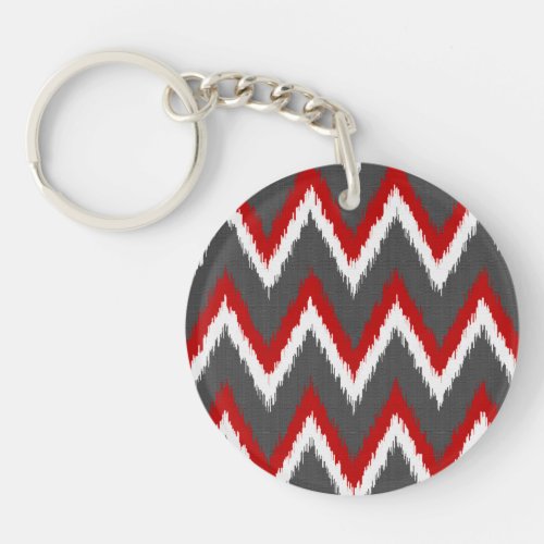 Ikat Chevron Stripes _ Red White and Grey  Gray  Keychain