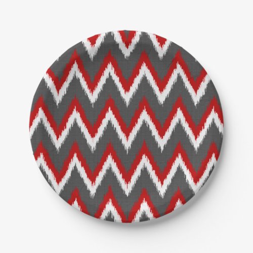 Ikat Chevron Stripes _ Red White and Grey  Gray Paper Plates