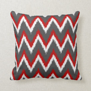 Ikat Chevron Stripes - Red, White and Grey / Gray Throw Pillow
