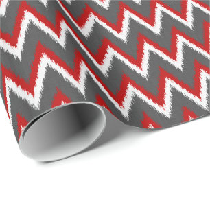 Ikat Chevron Stripes - Red, White and Grey / Gray Wrapping Paper