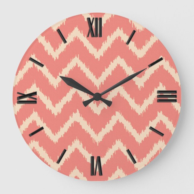 Ikat Chevrons - Coral orange and peach Large Clock (Front)
