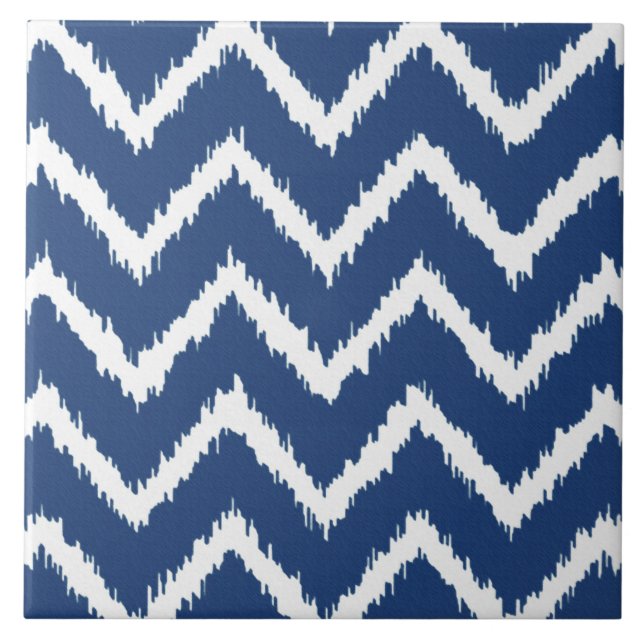 Ikat Chevrons - Navy blue and white Ceramic Tile (Front)