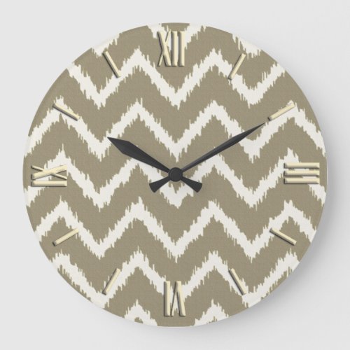 Ikat Chevrons _ Taupe tan and beige Large Clock