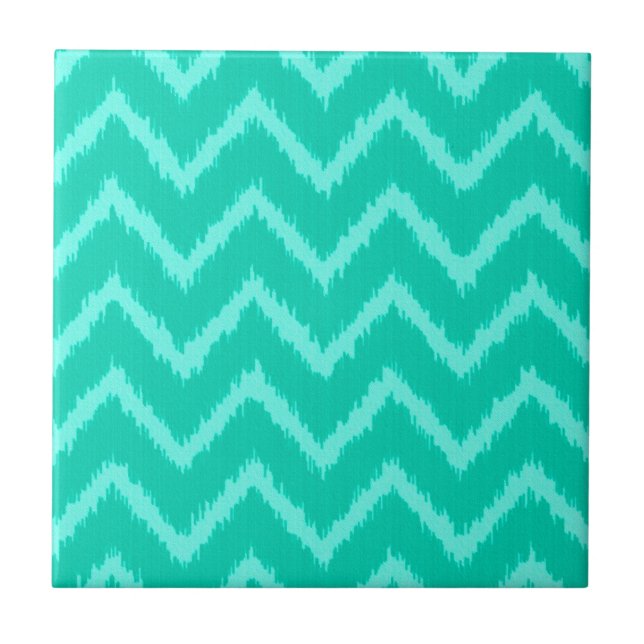 Ikat Chevrons - Turquoise and aqua Ceramic Tile (Front)