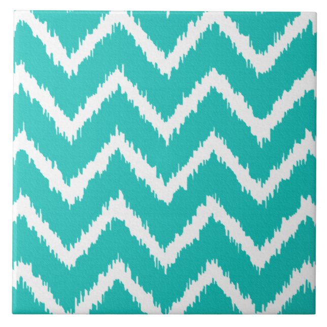 Ikat Chevrons - Turquoise and white Ceramic Tile (Front)