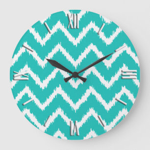 Ikat Chevrons - Turquoise and white Large Clock