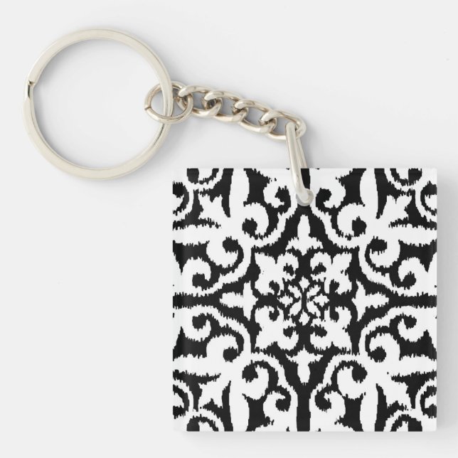 Ikat damask pattern - Black and White Keychain (Front)