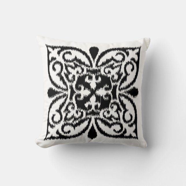 Ikat damask pattern - black and white throw pillow (Front)