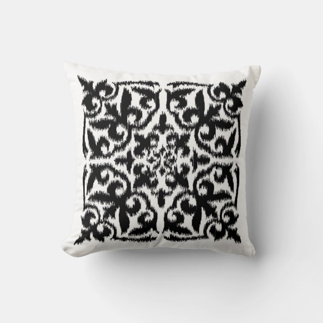 Ikat damask pattern - black and white throw pillow (Front)