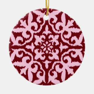 Ikat damask pattern - Burgundy and Pink Ceramic Ornament