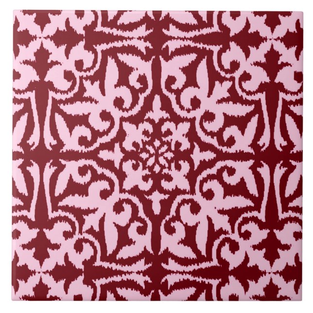 Ikat damask pattern - Burgundy and Pink Ceramic Tile (Front)