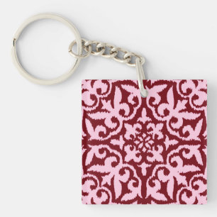 Ikat damask pattern - Burgundy and Pink Keychain