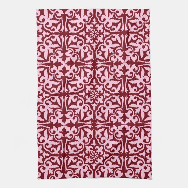 Ikat damask pattern - Burgundy and Pink Towel (Vertical)