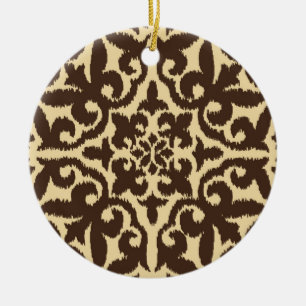 Ikat damask pattern - Chocolate Brown and Tan Ceramic Ornament