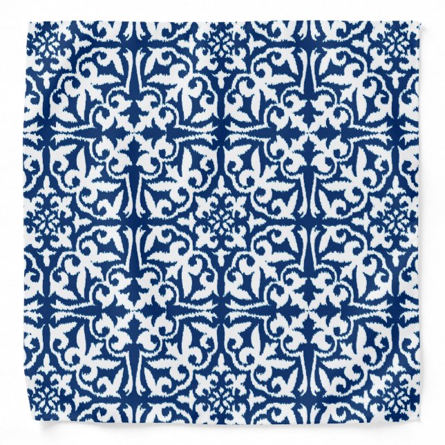 Ikat damask pattern - Cobalt Blue and White Bandana (Front)