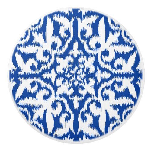 Ikat damask pattern _ cobalt blue and white ceramic knob