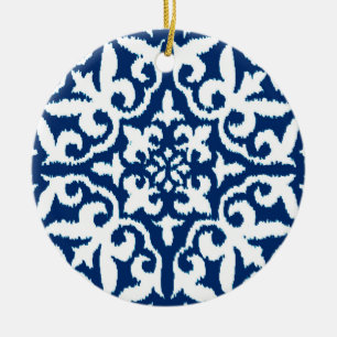 Ikat damask pattern - Cobalt Blue and White Ceramic Ornament